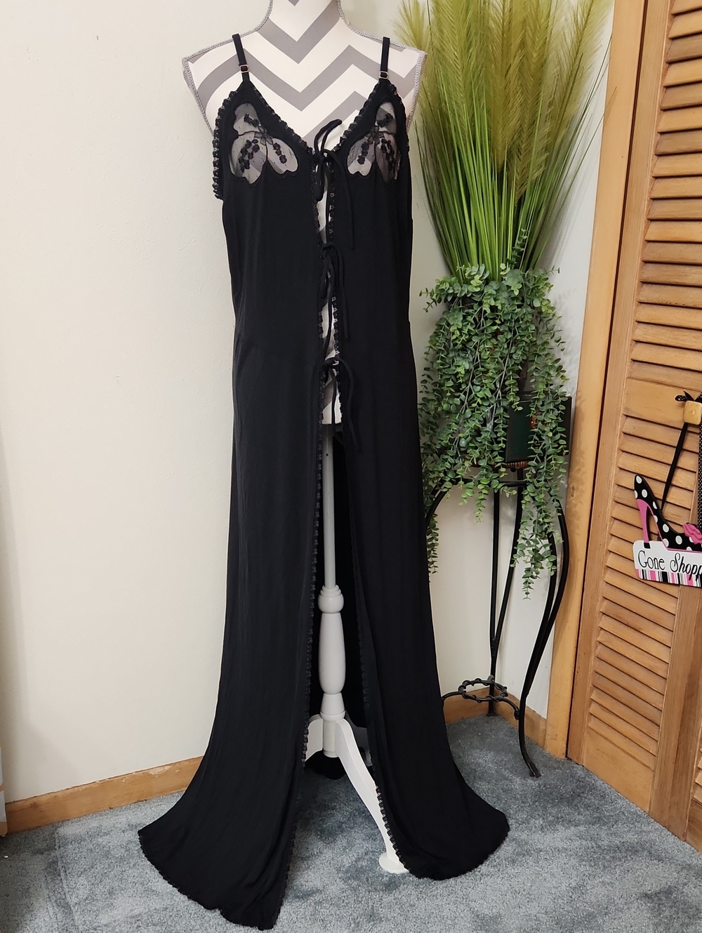 Savage X Fenty Black Sheer Lace-Trim Long Chemise with Front Ties